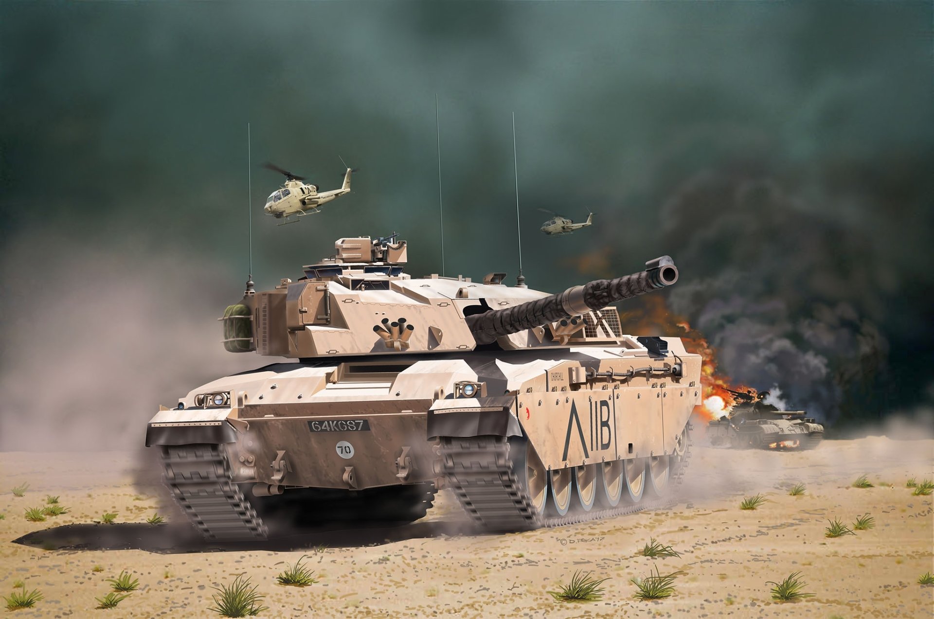 HD PC desktop wallpaper featuring a Challenger 1 military tank advancing through a sandy battlefield with helicopters flying overhead and smoke in the background.