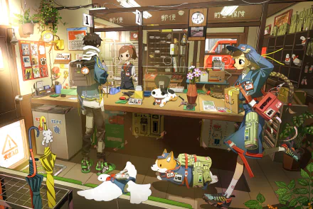 HD anime wallpaper featuring people and a dog inside a vibrant shop. The detailed background and lively mood make it an engaging desktop scene.