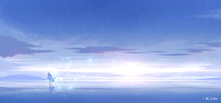 A stunning HD anime wallpaper featuring an original artwork of a lone figure holding an umbrella, walking across a reflective surface with a serene, rainy sky and glowing effects in the background.
