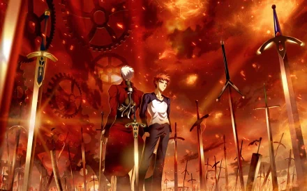 HD desktop wallpaper featuring Archer and Shirou Emiya from Fate/Stay Night: Unlimited Blade Works, set in a fiery, sword-filled background with gears.