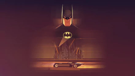 HD wallpaper featuring Batman and the Batmobile from DC Comics, with a comic book style and a cityscape background.