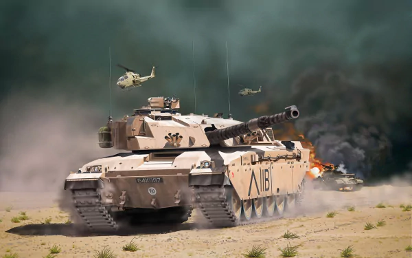 HD PC desktop wallpaper featuring a Challenger 1 military tank advancing through a sandy battlefield with helicopters flying overhead and smoke in the background.
