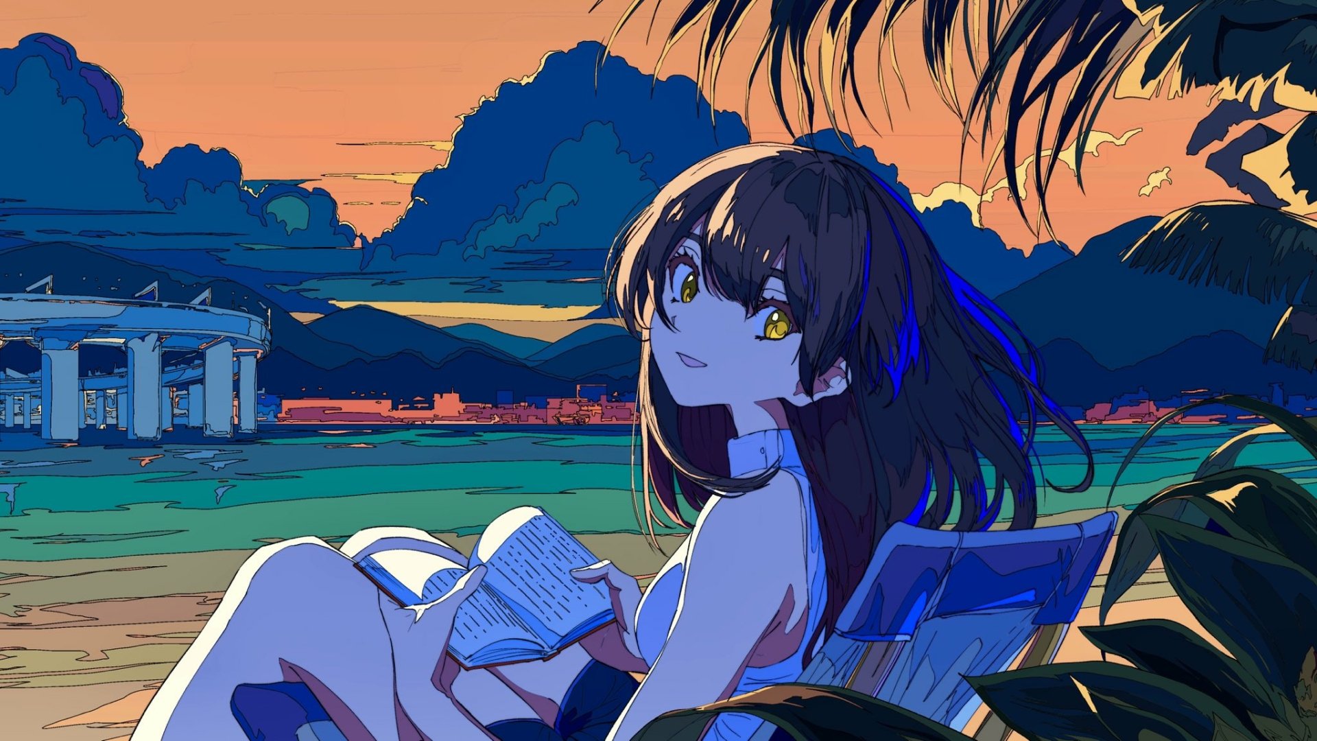 Anime-style HD wallpaper featuring a girl with long brown hair and yellow eyes, reading a book with a serene sunset cityscape in the background.
