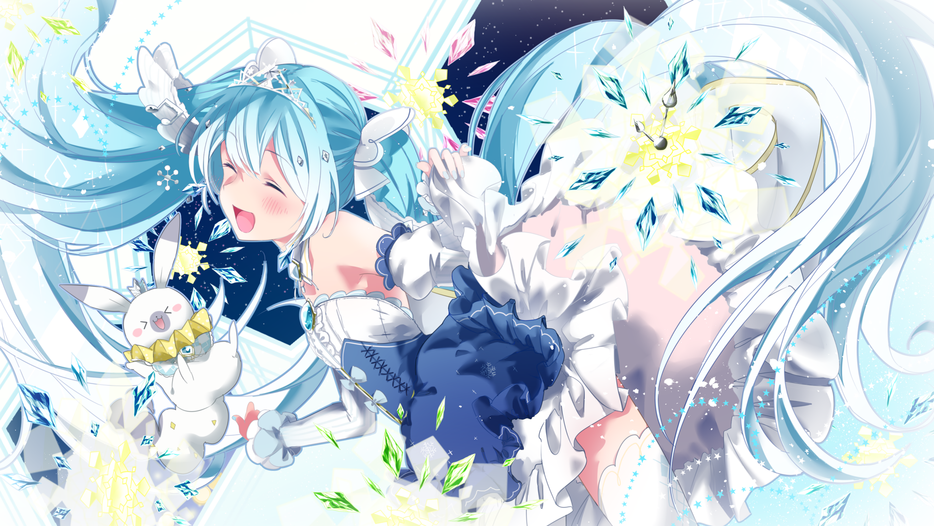 This HD desktop wallpaper and background features Hatsune Miku, the popular Vocaloid character, in an anime art style. She is depicted with blue hair and playful enthusiasm, surrounded by vibrant and whimsical elements.