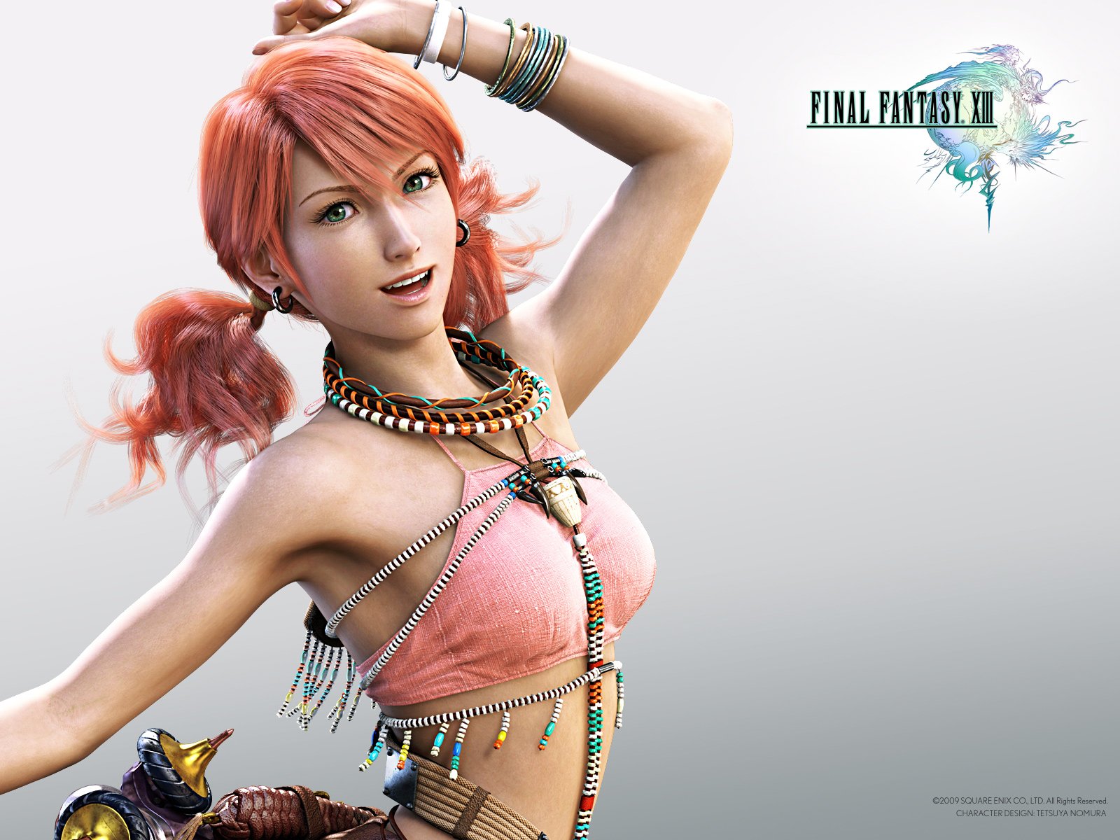 A vibrant HD wallpaper from Final Fantasy XIII featuring a character with pink hair and colorful accessories, exuding energy and charm against a soft, neutral background.