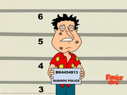 HD PC desktop wallpaper featuring a mugshot of Glenn Quagmire from the TV show Family Guy, holding a police sign in front of a height chart background.