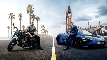 Luke Hobbs and Deckard Shaw, portrayed by Dwayne Johnson and Jason Statham, respectively, pose with a motorcycle and a McLaren in front of Big Ben, highlighting *Fast & Furious Presents: Hobbs & Shaw*.