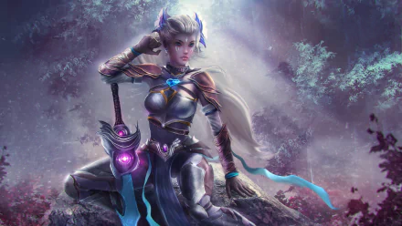 4K Ultra HD PC desktop background of a white-haired woman warrior with long hair and blue eyes, armored and seated on a rock, gripping a glowing sword amid misty, magical woods.