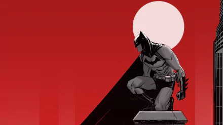 HD PC desktop wallpaper featuring Batman from DC Comics in a dramatic pose against a red background with a large pale moon.