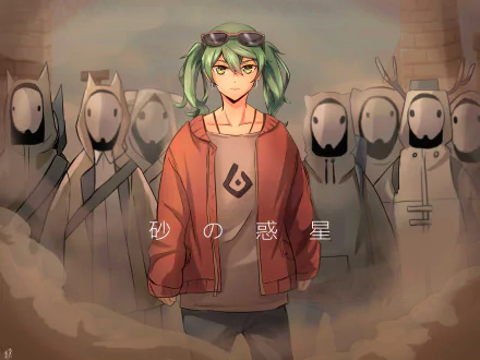 Hatsune Miku (Vocaloid) in anime style stands in a red jacket and goggles before masked figures in a sandy haze — 2K Quad HD PC desktop wallpaper/background