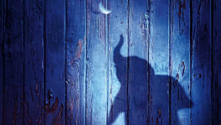 4K Ultra HD PC desktop wallpaper showing a moonlit blue wooden wall with the silhouette of Dumbo (movie, 2019) raising his trunk.