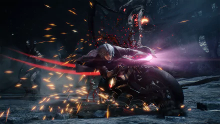 HD PC desktop wallpaper featuring Dante from Devil May Cry 5 in action, surrounded by sparks and dynamic lighting from the video game Devil May Cry.