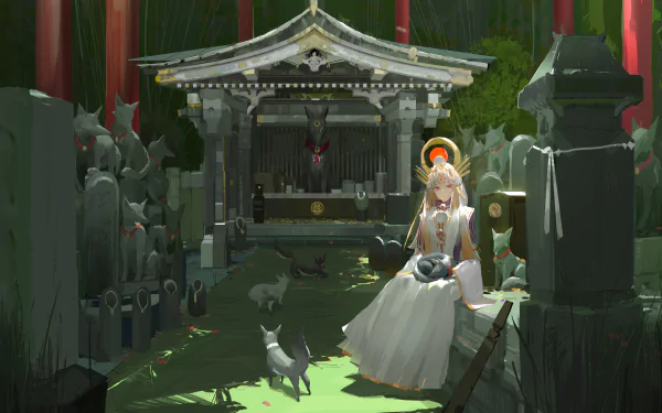 A serene anime scene featuring a kitsune in a tranquil shrine, surrounded by playful foxes. This vibrant 4K Ultra HD wallpaper immerses viewers in a mystical atmosphere.