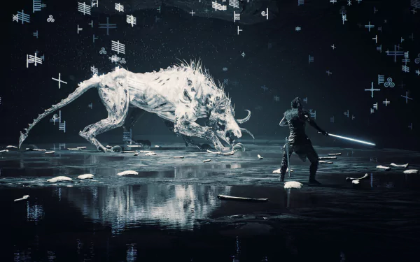 HD PC desktop wallpaper from the video game Hellblade: Senua's Sacrifice, featuring a warrior facing a spectral wolf in a dark, surreal environment.