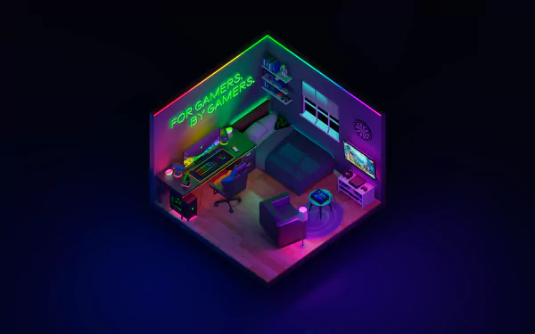 4K Ultra HD PC desktop wallpaper featuring a neon-lit gaming room with Razer-branded equipment and technology-themed decor in vibrant colors.