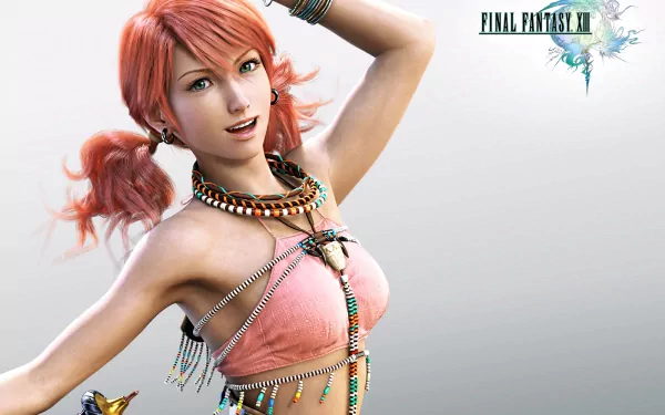 A vibrant HD wallpaper from Final Fantasy XIII featuring a character with pink hair and colorful accessories, exuding energy and charm against a soft, neutral background.