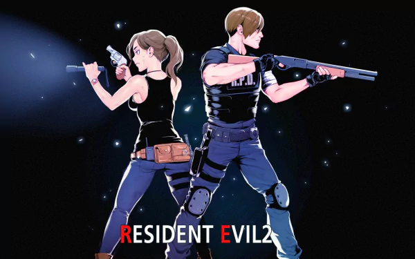 HD PC desktop wallpaper and background: Leon S. Kennedy and Claire Redfield back-to-back, aiming weapons in stylized Resident Evil 2 (2019) video game artwork.