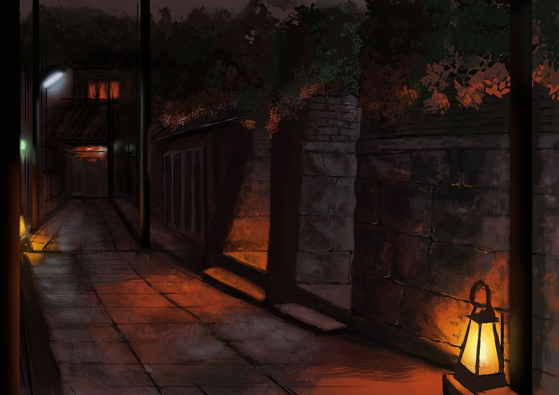 4K Ultra HD anime night scene of a quiet street illuminated by warm lantern light and distant street lamps, creating a serene and atmospheric nighttime backdrop.