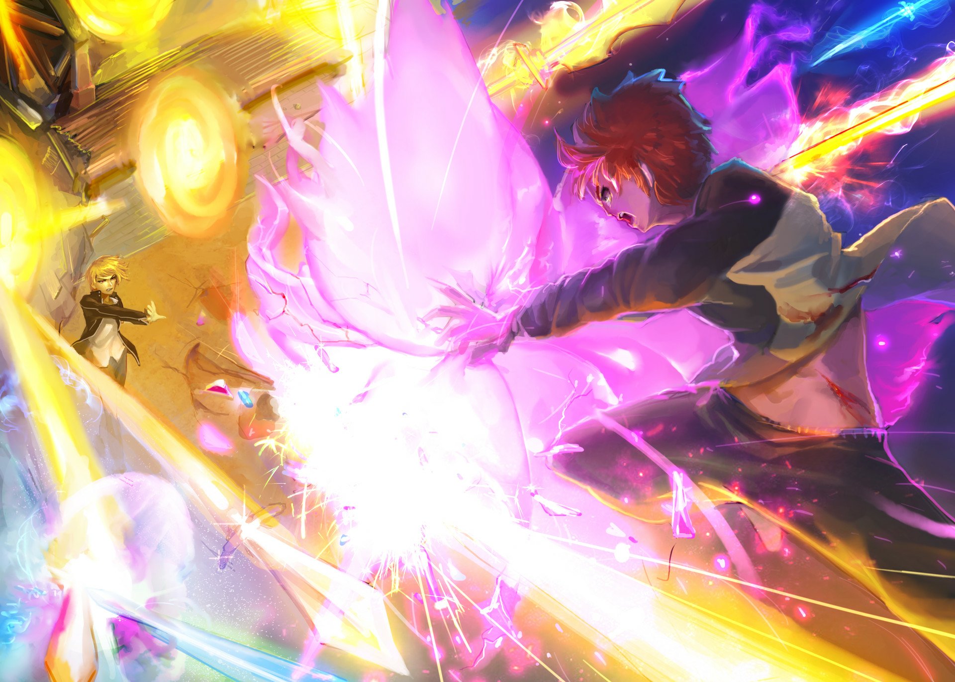 HD anime wallpaper featuring Gilgamesh with red hair and Shirou Emiya wielding a glowing sword, inspired by Fate/Stay Night: Unlimited Blade Works.