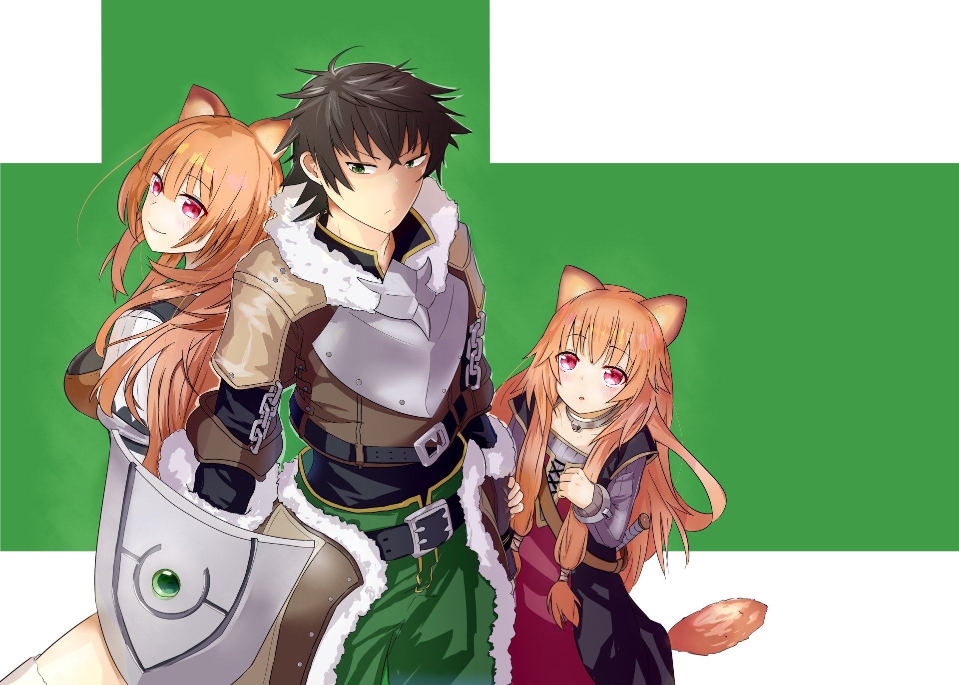 HD anime desktop wallpaper featuring Raphtalia and Naofumi Iwatani from The Rising of the Shield Hero, showcasing vibrant characters against a green background.