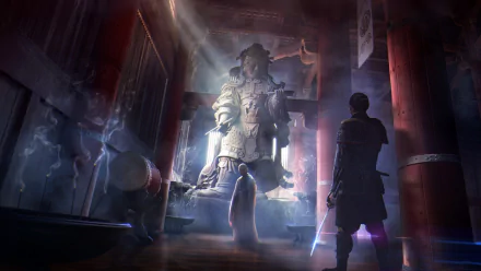A dramatic HD PC wallpaper showing a fantasy warrior standing before a large oriental monk statue shrouded in mist inside a temple.