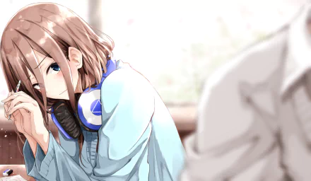HD desktop wallpaper featuring Miku Nakano from the anime The Quintessential Quintuplets, showing her with headphones around her neck in a serene setting.