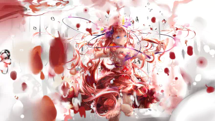 HD PC wallpaper featuring Nino Nakano from the anime The Quintessential Quintuplets, surrounded by floating petals and soft pink hues in a dynamic, vibrant anime art style.