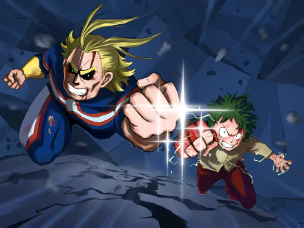 4K Ultra HD My Hero Academia wallpaper featuring Toshinori Yagi (All Might) and Izuku Midoriya in dynamic action poses against a shattered backdrop.