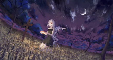An anime angel with white hair and red eyes stands by a grave with a cross under the night sky and crescent moon in this HD desktop wallpaper.
