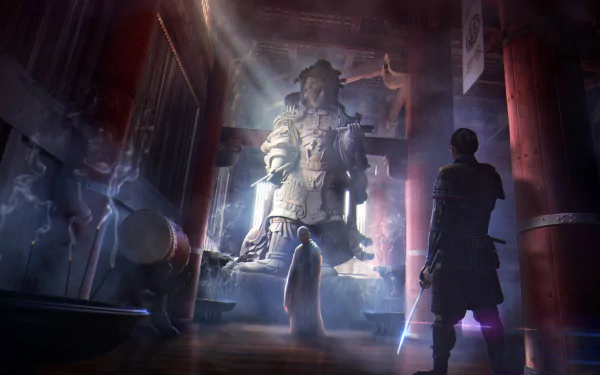A dramatic HD PC wallpaper showing a fantasy warrior standing before a large oriental monk statue shrouded in mist inside a temple.