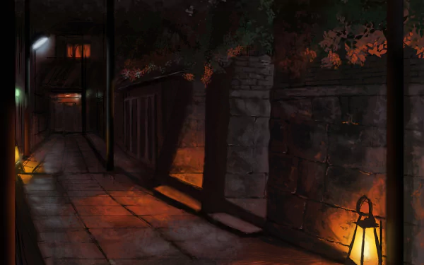 4K Ultra HD anime night scene of a quiet street illuminated by warm lantern light and distant street lamps, creating a serene and atmospheric nighttime backdrop.