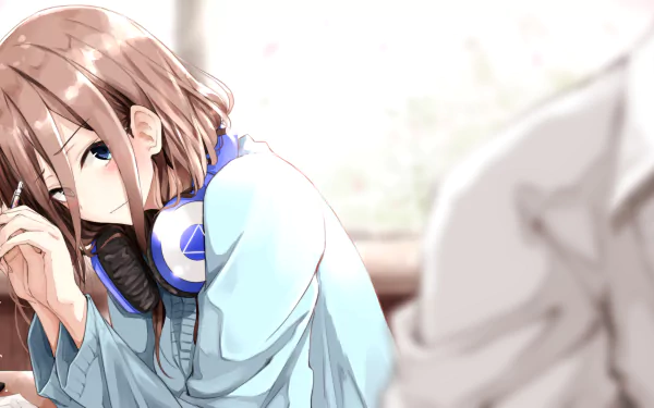 HD desktop wallpaper featuring Miku Nakano from the anime The Quintessential Quintuplets, showing her with headphones around her neck in a serene setting.