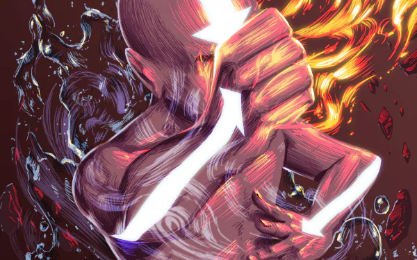 HD PC desktop wallpaper/background of Aang (Avatar) in anime style from Avatar: The Last Airbender—glowing arrow on his forehead as fire and water swirl around him.