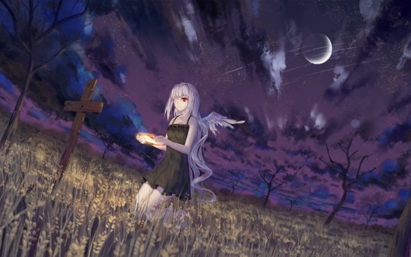 Anime Angel Night Moon Cross Grave White Hair Red Eyes HD Wallpaper | Background Image