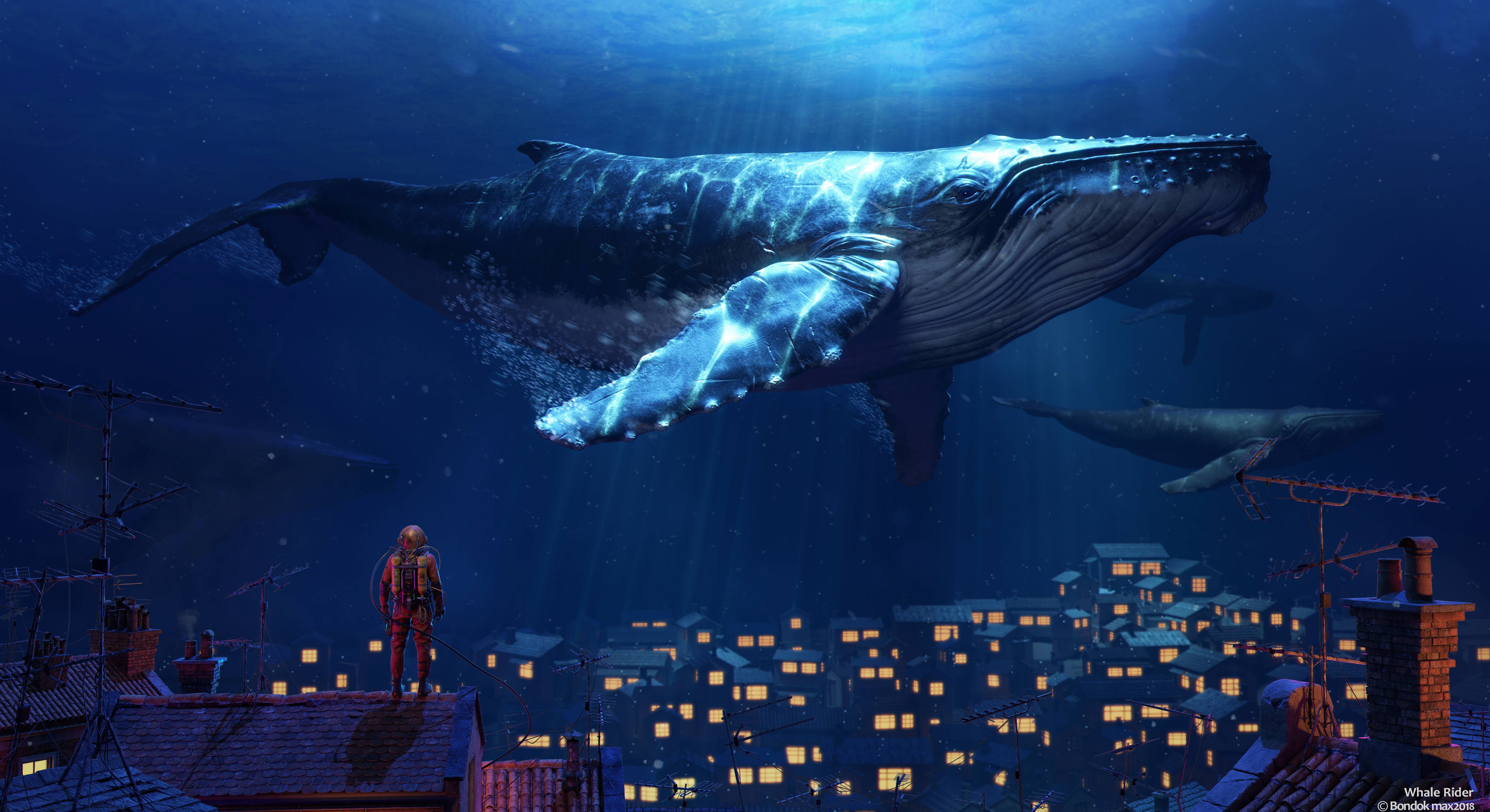 Fantasy Whale 4k Ultra HD Wallpaper by Artur Sadlos