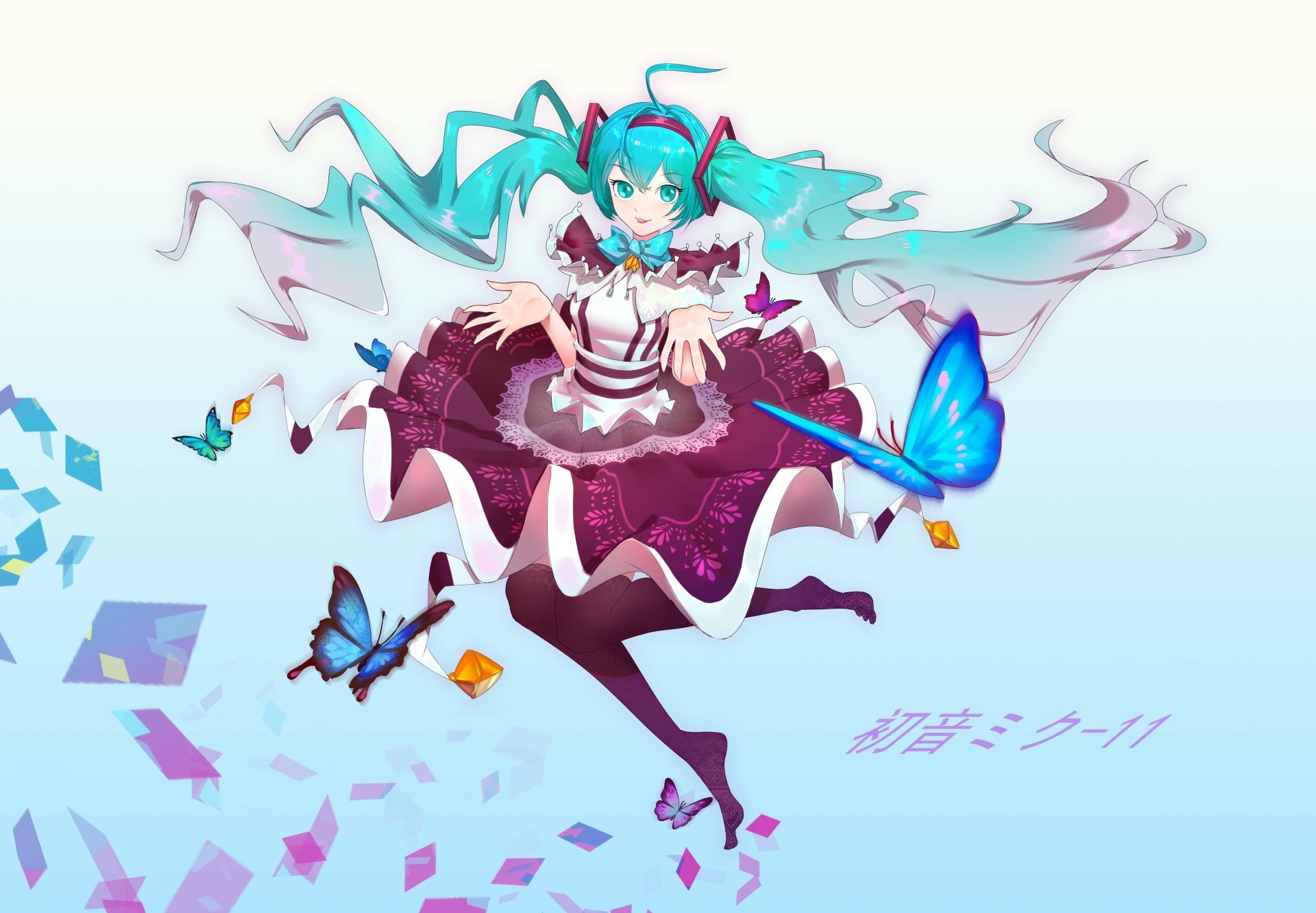 Vibrant 4K Ultra HD anime wallpaper featuring Hatsune Miku, the iconic Vocaloid, surrounded by colorful butterflies and musical notes in a dynamic pose.