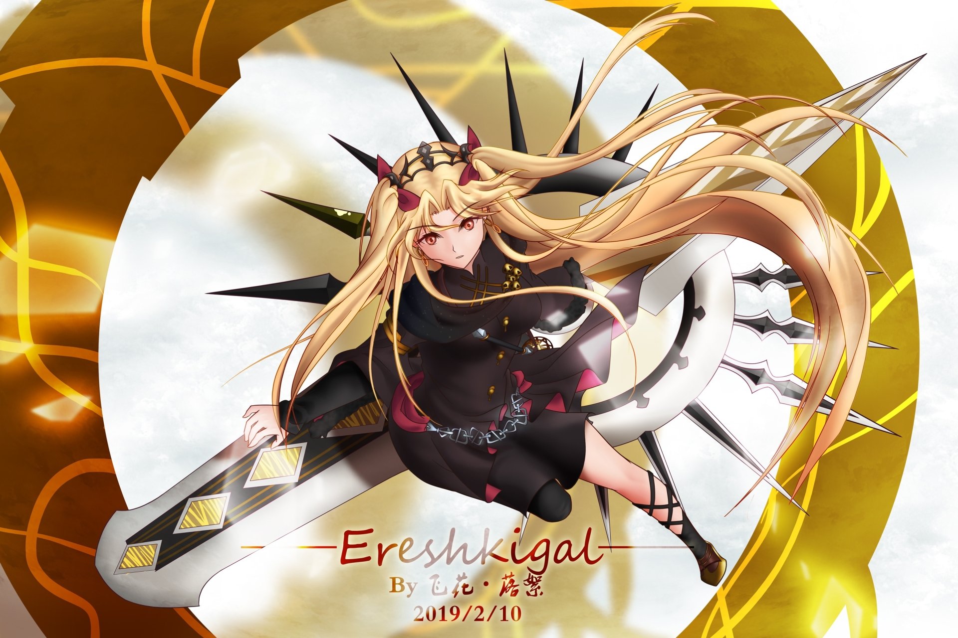 HD PC desktop wallpaper featuring Ereshkigal from Fate/Grand Order in anime style, showcasing her dynamic pose and intricate design against a glowing circular background.