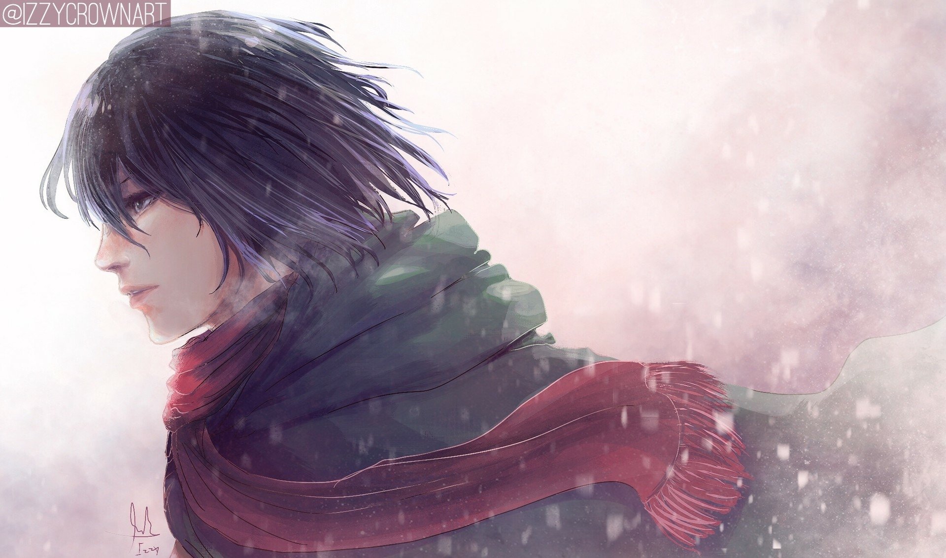 HD anime desktop wallpaper featuring Mikasa Ackerman from Attack on Titan, depicted in a snowy, soft-toned scene with her signature scarf flowing.