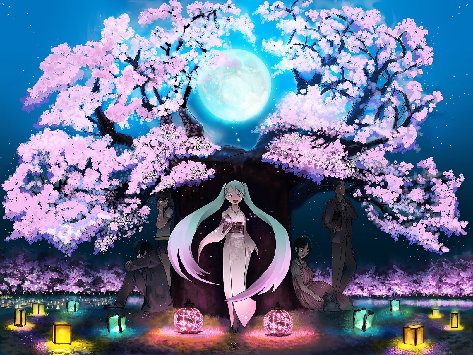HD PC desktop wallpaper featuring Hatsune Miku from Vocaloid standing under vibrant cherry blossom trees illuminated by a glowing full moon in an anime-style scene.