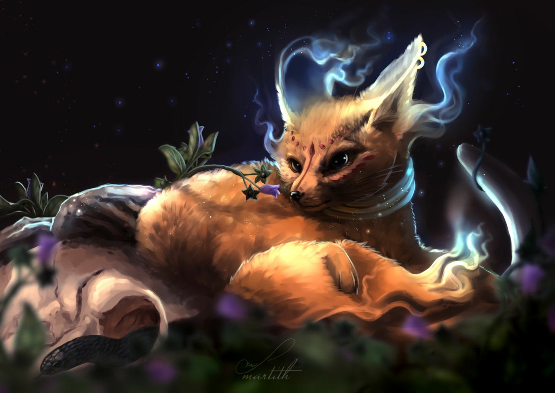 HD desktop wallpaper featuring a mystical fox with glowing whiskers and ethereal smoke in a starlit fantasy setting.
