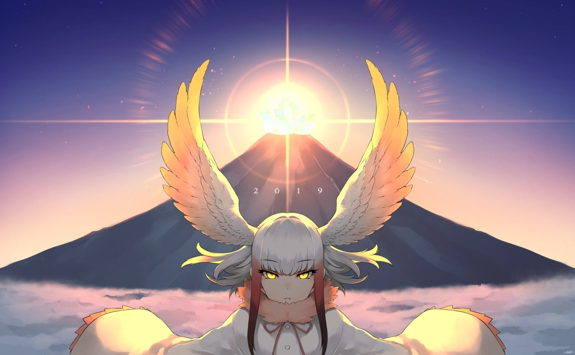 HD anime wallpaper featuring Crested Ibis from Kemono Friends with glowing wings and eyes, set against a dramatic sunrise over a mountain.