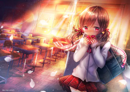 Anime-style 4K Ultra HD wallpaper featuring a short brown-haired girl with pink eyes, twintails, and a scarf, holding a bag in a warmly lit, empty classroom.