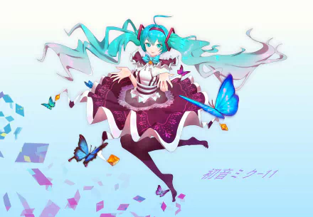 Vibrant 4K Ultra HD anime wallpaper featuring Hatsune Miku, the iconic Vocaloid, surrounded by colorful butterflies and musical notes in a dynamic pose.