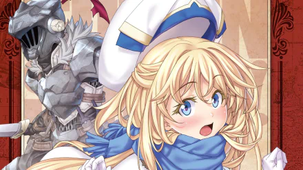 Priestess (Goblin Slayer) in a blue-and-white cleric outfit with a startled expression, armored Goblin Slayer at her side — anime HD PC desktop wallpaper/background.