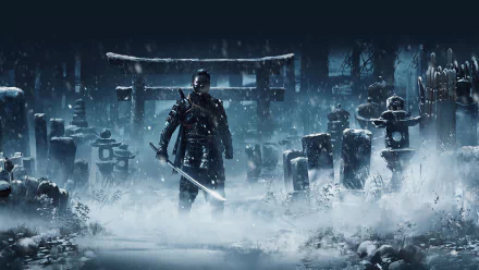 HD desktop wallpaper of Jin Sakai from the video game Ghost of Tsushima, standing in a snowy landscape with a sword, surrounded by stone monuments and a torii gate in the background.