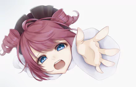 Anime original character with pink hair and blue eyes reaching toward the viewer, smiling — HD PC desktop wallpaper/background in a soft pastel close-up.