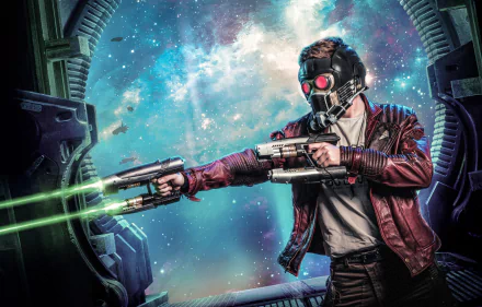 HD PC desktop wallpaper featuring Star Lord from Guardians of the Galaxy comic, aiming his dual blasters against a vivid cosmic backdrop.