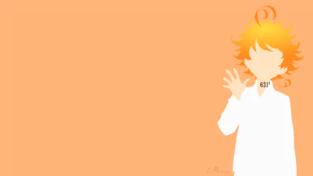 Minimalist HD desktop wallpaper featuring Emma from the anime The Promised Neverland in a vector art style. The background is a solid orange color with Emma in white and orange hues.