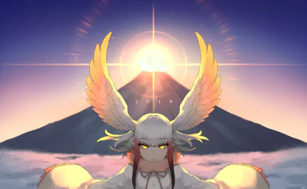 HD anime wallpaper featuring Crested Ibis from Kemono Friends with glowing wings and eyes, set against a dramatic sunrise over a mountain.