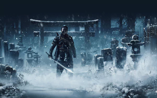 HD desktop wallpaper of Jin Sakai from the video game Ghost of Tsushima, standing in a snowy landscape with a sword, surrounded by stone monuments and a torii gate in the background.